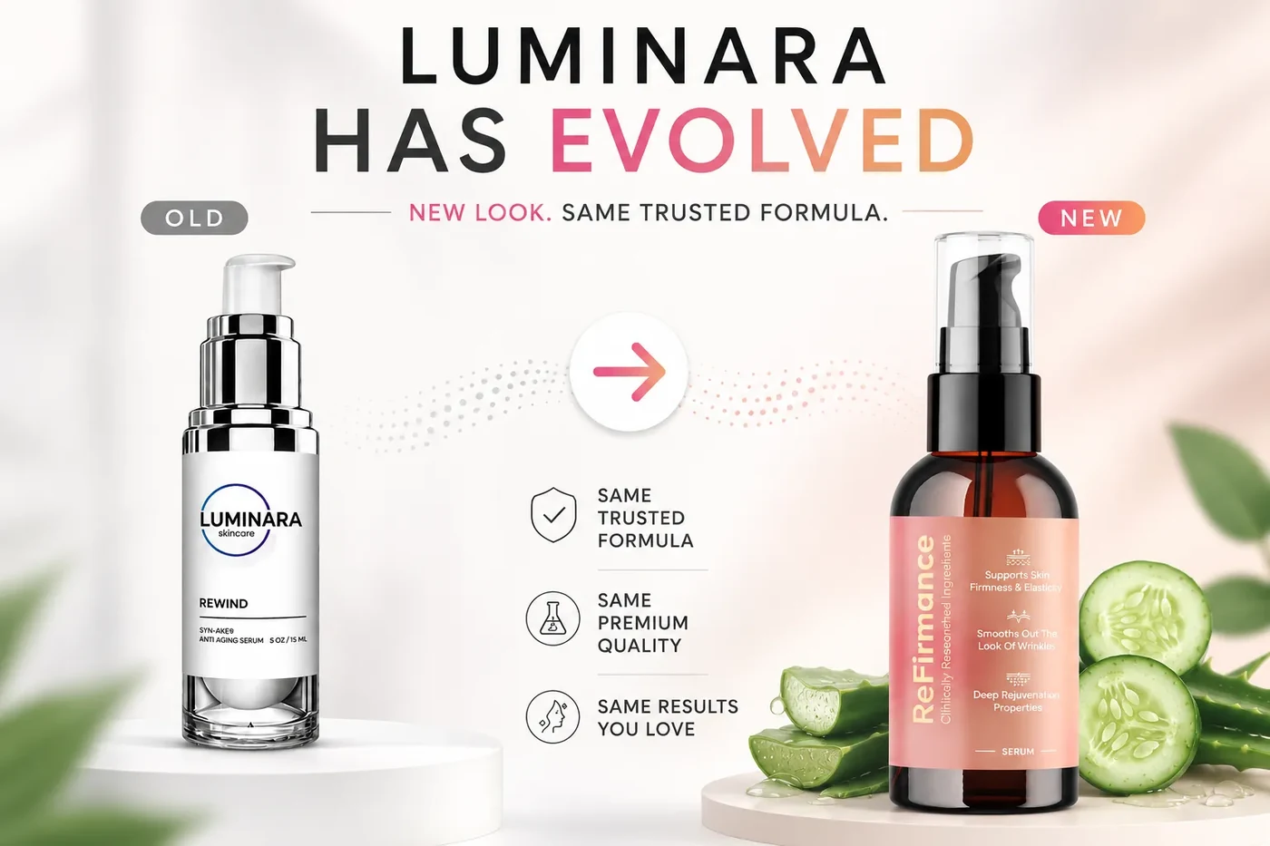 Luminara Rewind has evolved — old white Luminara Skincare bottle next to the new ReFirmance serum packaging, same trusted formula